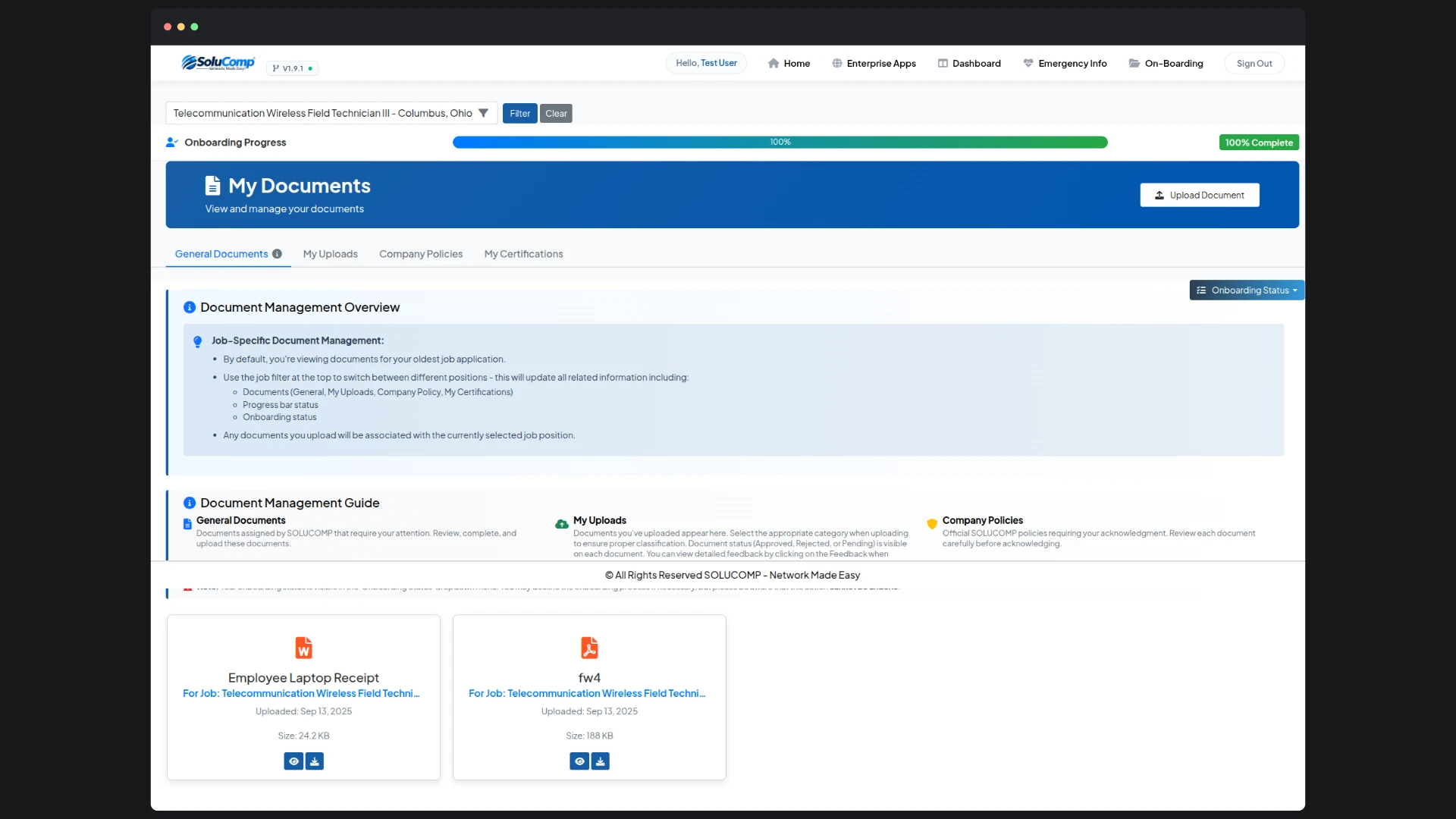 Job Portal — After a hire, the same account becomes an onboarding workspace. The job filter scopes every document to one position, the progress bar computes completion, and assigned documents, personal uploads, company policies and certifications each have their own shelf.